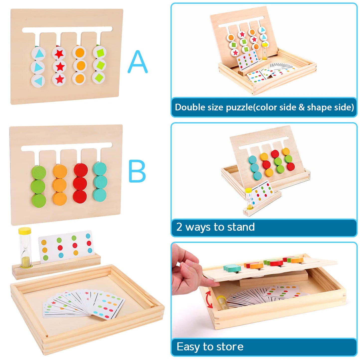 AugToy Montessori Slide Puzzle - Color & Shape Matching Educational Wooden Toy for Kids Age 3-7, Travel Gift