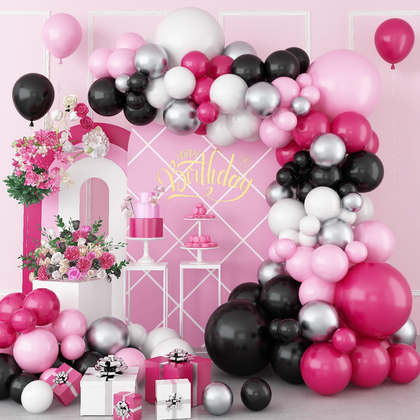 Pink And Black Balloon Garland Kit, Black Balloon And Hot Pink Balloon With Macaron Pink Hot Pink Black White Silver Balloon For