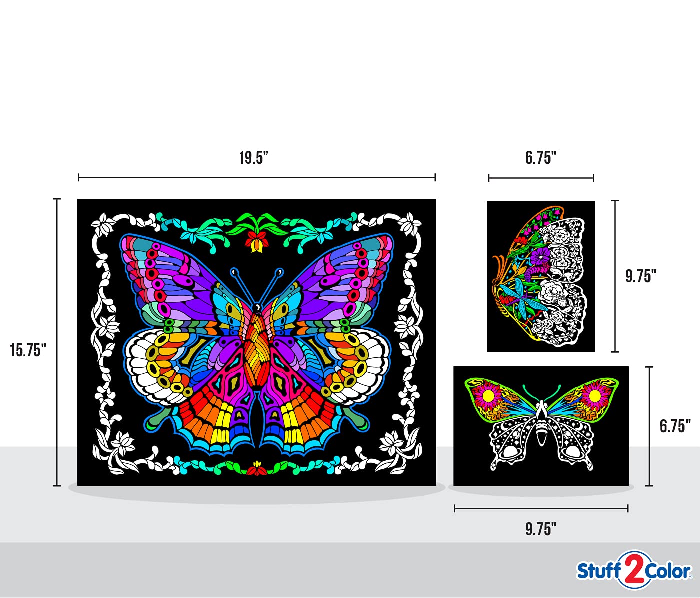 Stuff2Color Geo Butterfly - Fuzzy Coloring Poster - Includes 3 Designs to Color (1 Large, 2 Small) - for Kids, Toddlers, Kids, T