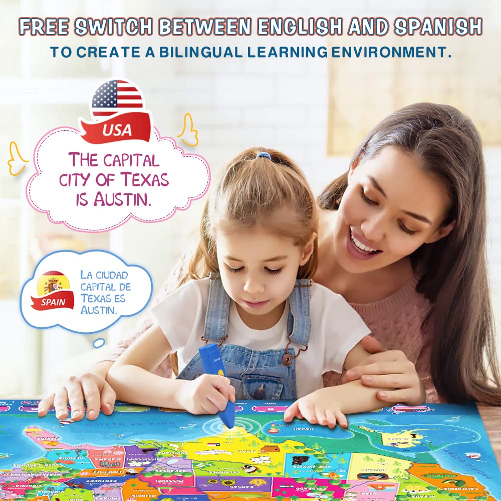 Qiaojoy Bilingual Interactive For Kids Talking Usa Map For Kids Learning, Geography Toys Games Educational Electronic Map Christ