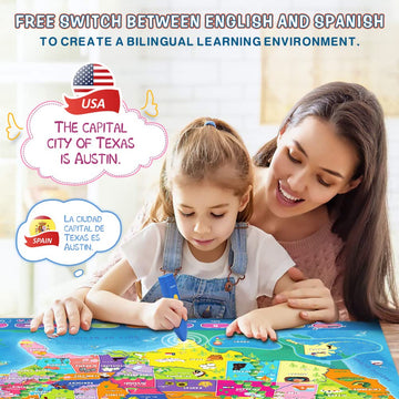 Qiaojoy Bilingual Interactive For Kids Talking Usa Map For Kids Learning, Geography Toys Games Educational Electronic Map Christ