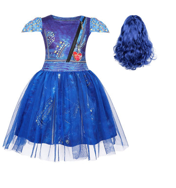 Wonderbabe Evie Descendants Costume For Girls Birthday Party Supplies Outfits For Kids Princess Dress Up Tulle Mesh Dress With Bule Wig 7 8T