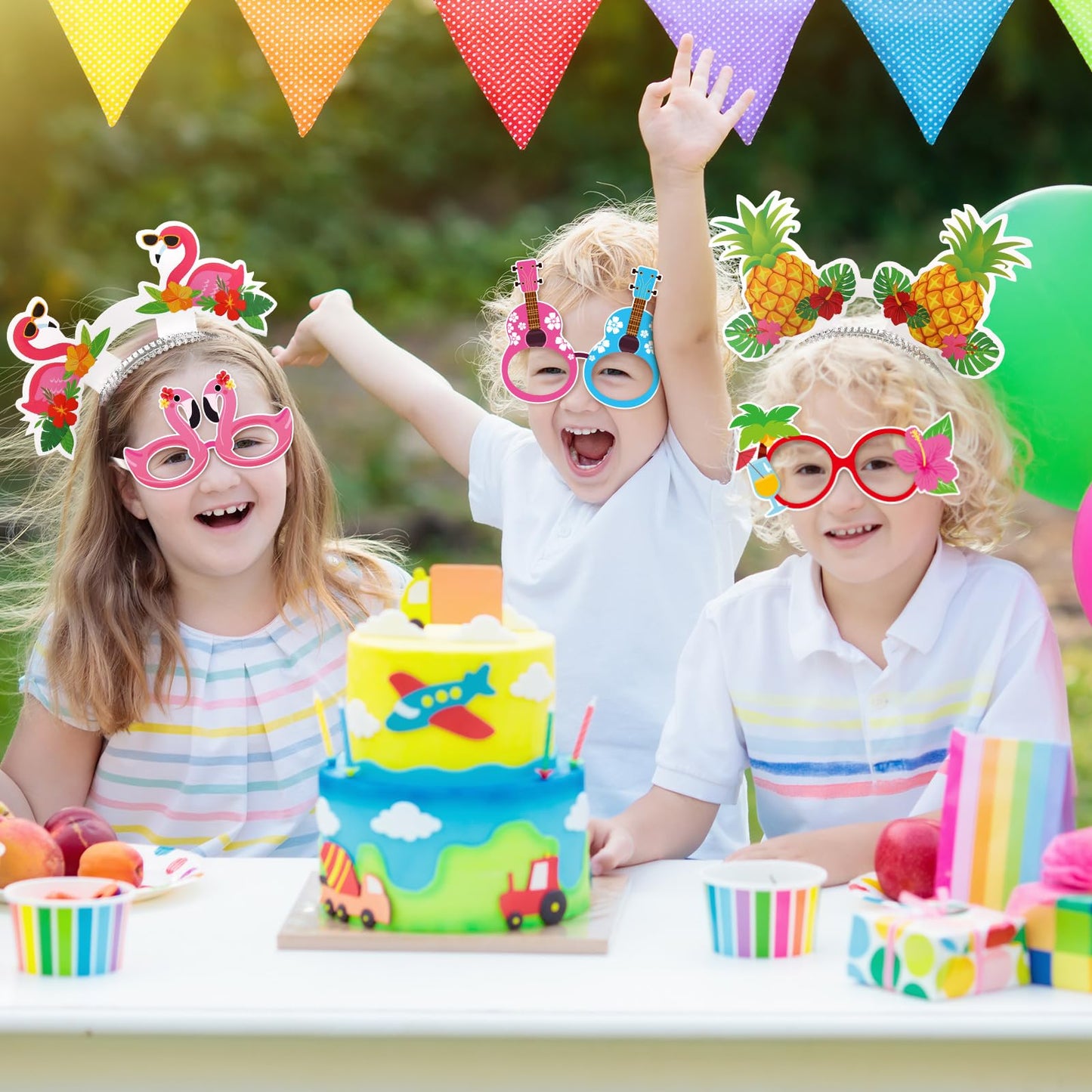 BBTO 24 Pcs Hawaiian Headband Glasses Set Summer Luau Party Decorations Hair Hoop Tiki Aloha Palm Tree Flamingo Headdress Paper