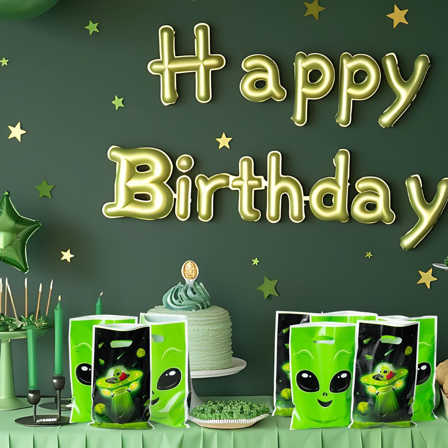 ArianQicult Alien Party Favor Bags - 50Pcs Fun Alien Party Gift Bags, Green Alien Goody Candy Treat Bags, Space Theme Party Deco