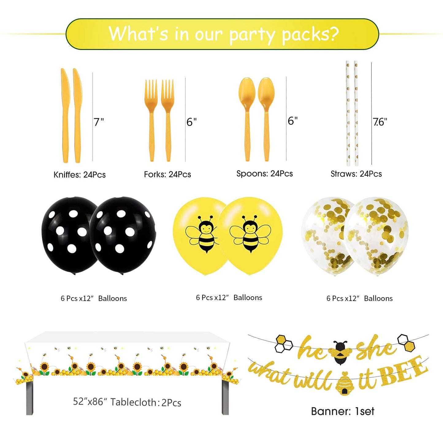 PYCALOW Bee Tableware Decorations - Bumble Bee Themed Party Supplies Include Backdrop, Banner, Plates, Cups, Napkins, Cutlery, T