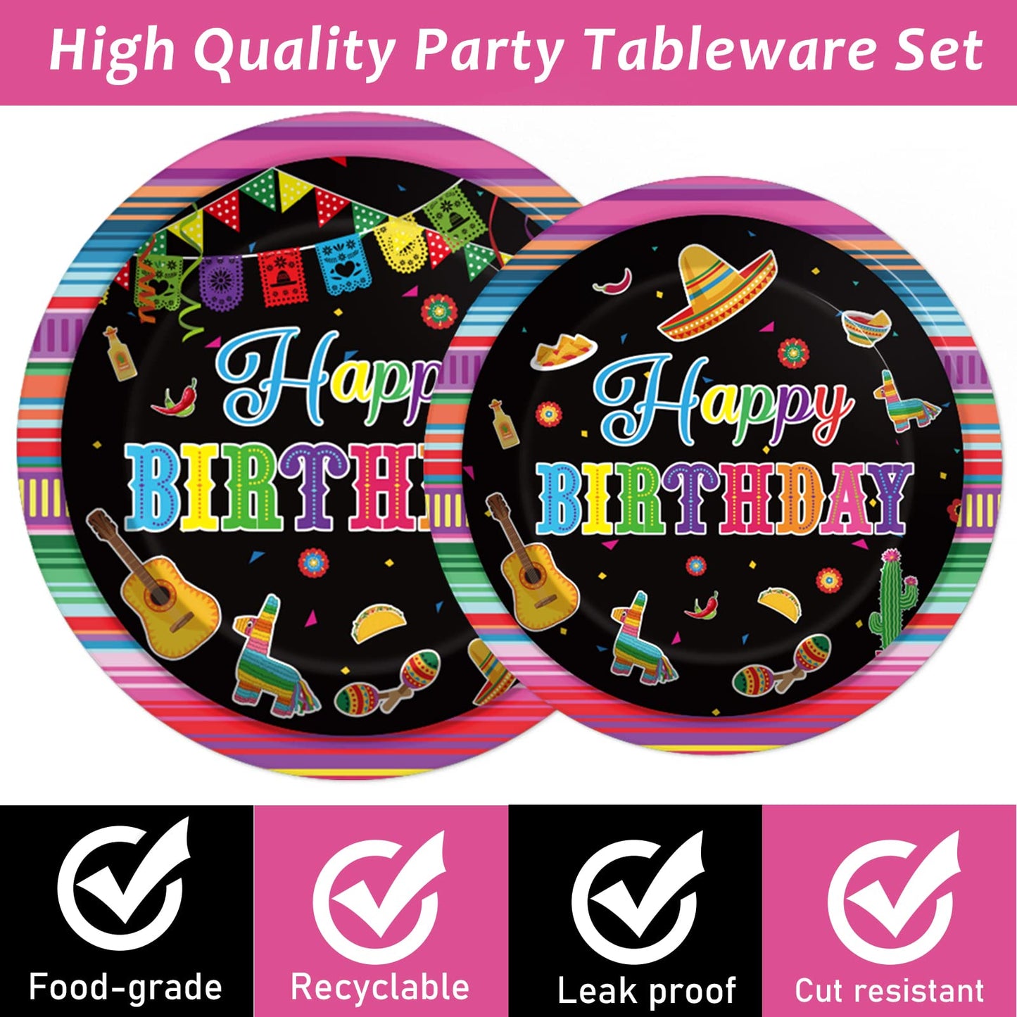 Tevxj 96Pcs Mexican Fiesta Happy Birthday Tableware Set Mexico Dinnerware Disposable Dessert Plates Fiesta Party Plates Napkins Forks For Happy Birthday Party Decorations Supplies 24 Guests