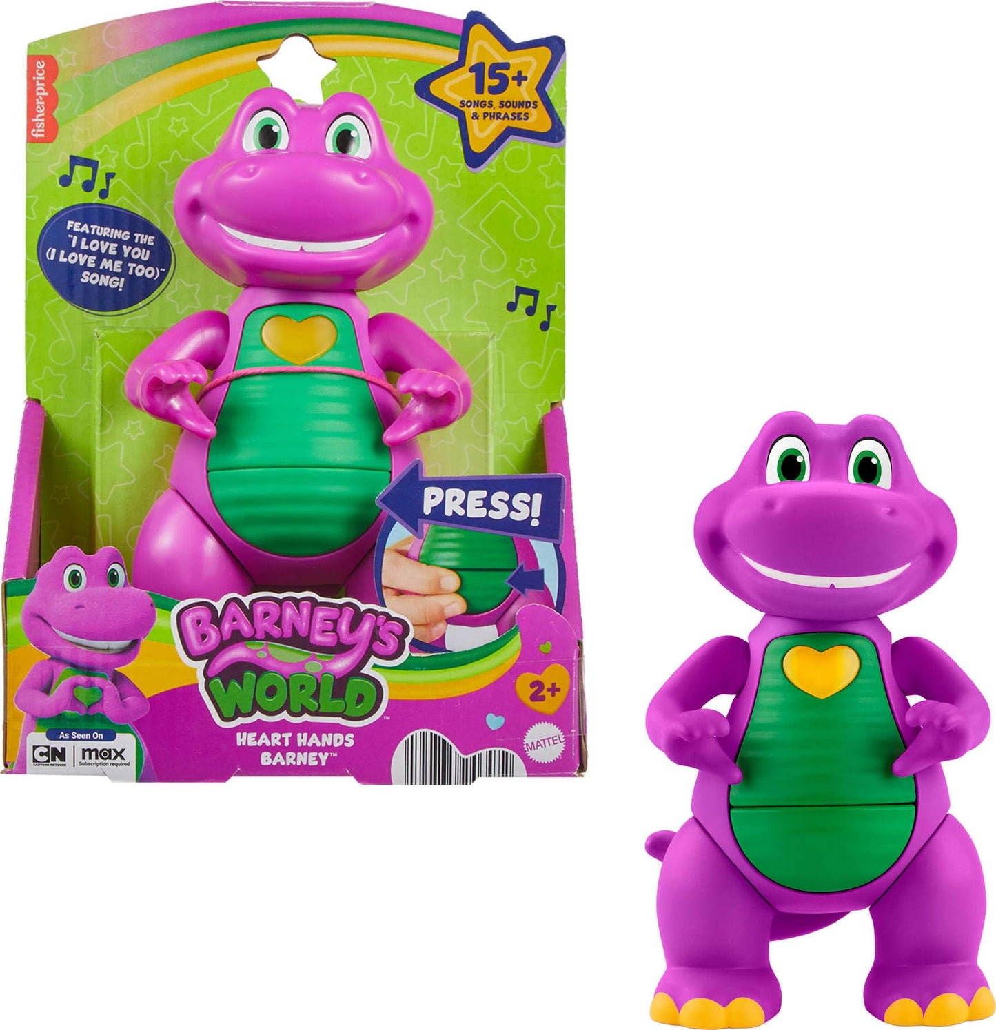 Fisher-Price Barneys World Musical Toy Heart Hands Barney Figure, 5.7 Inches Tall with Lights & Phrases for Kids Ages 2+ Years