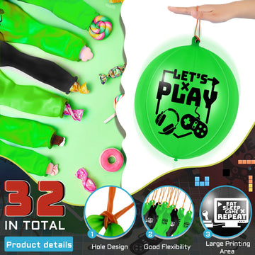 32 Pcs Video Game Punch Balloons Pixelated Punch Ball Pixel Video Game Balloons Latex Balls Toys For Birthday Party Favors Supplies, Goodie Bag Filler(Green, Black)
