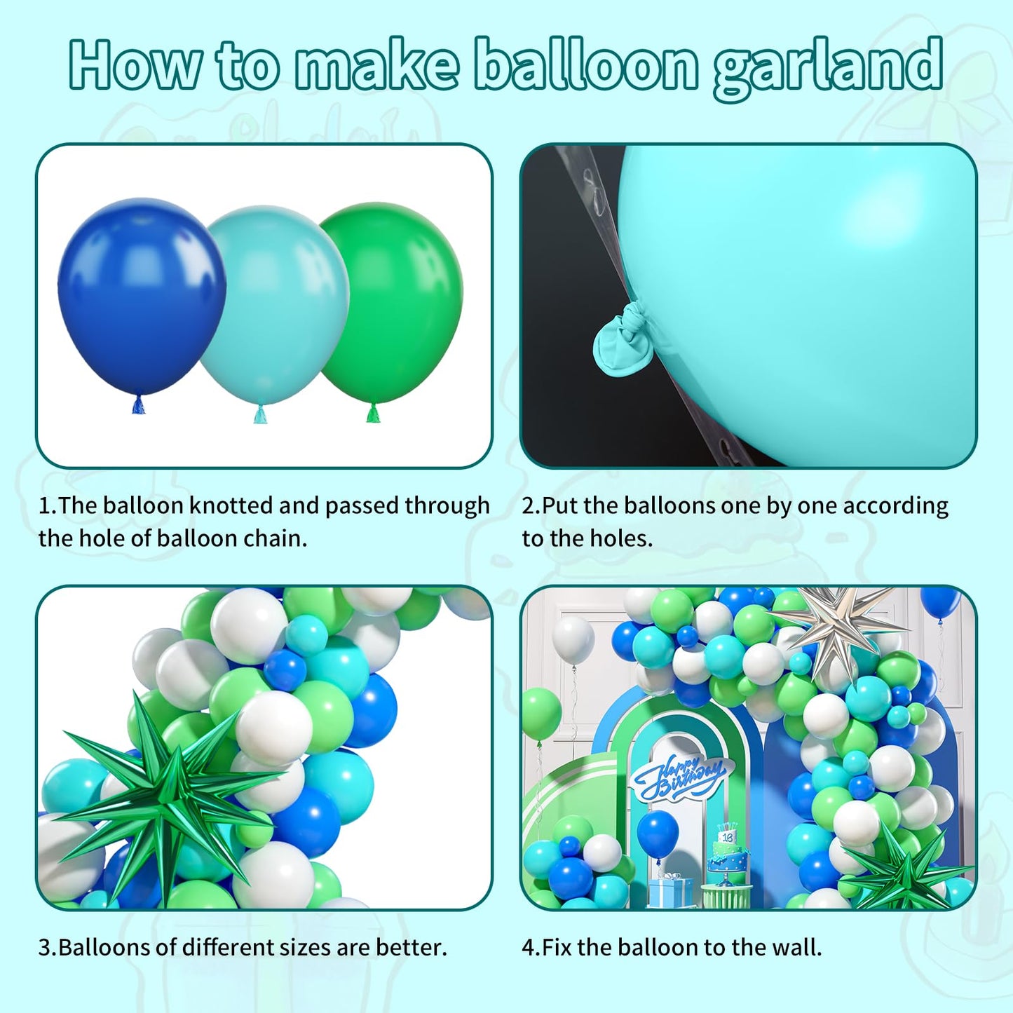 Blue Green White Balloon Arch Kit, Blue Green Balloon Arch With Green Blue White Latex Balloons, Green And Silver Star Foil Ball
