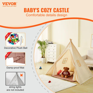 Vevor Teepee Tent For Kids Indoor - Tent For Kids With Damp-Proof Mat & Decorative Balls, Durable Kids Play Tent Outdoor With 19Mm Frame & Non-Slip Bottom, Toddler Tent For Boys And Girls Aged 3+