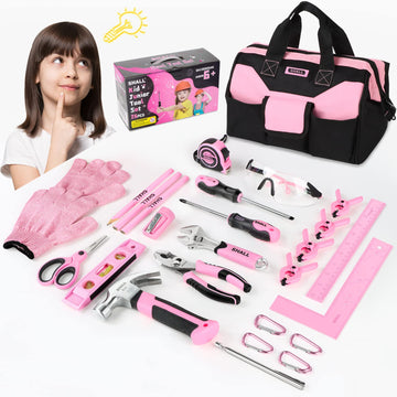 SHALL 26-Piece Kids Size Tool Set, Pink Real Tools for Kids with 12'' Tool Bag, Safety Certified Children Learning Tool Kit with