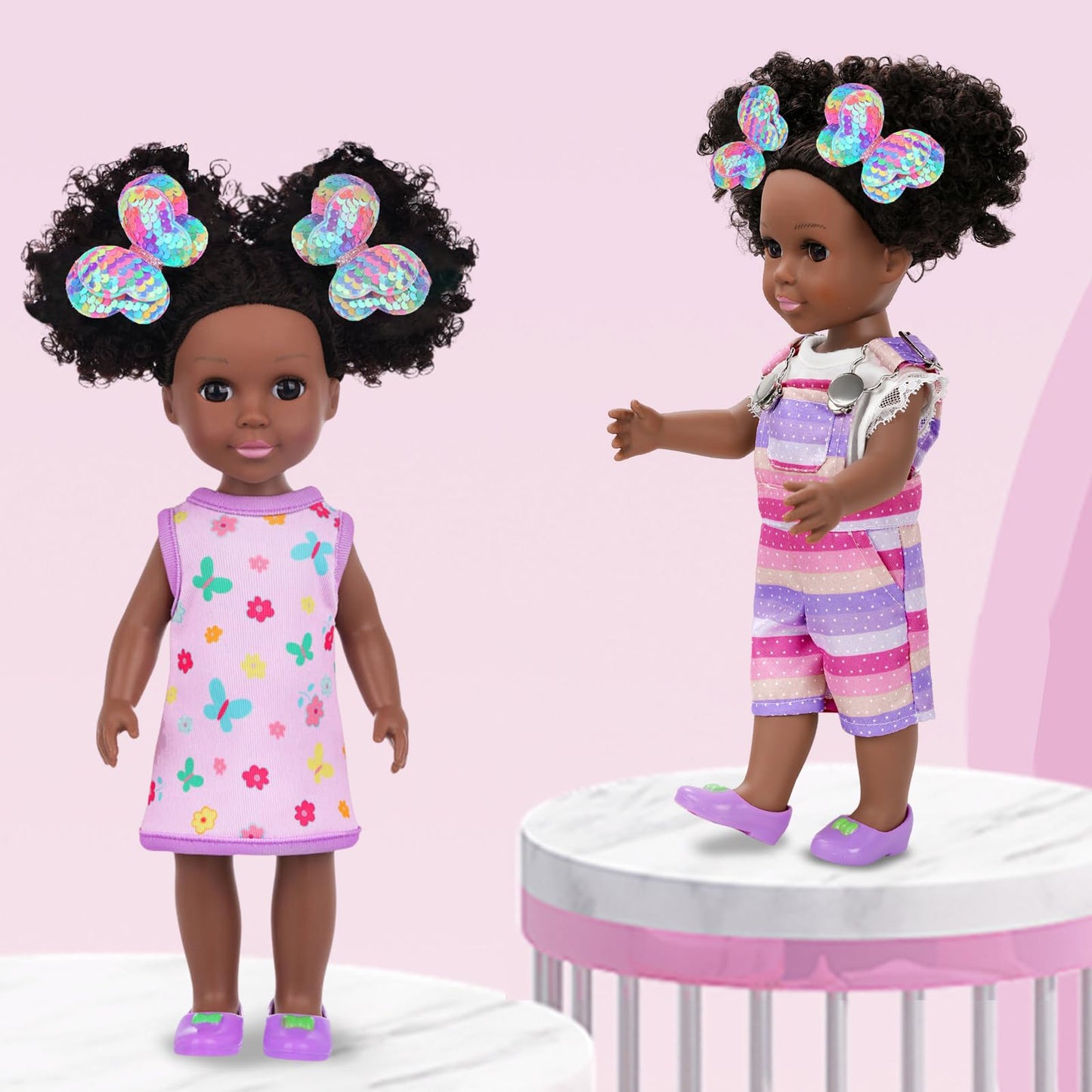 ZQDOLL 14.5 inch Black Doll and Black Baby Doll Clothes and Accessories Set, African Baby Doll with 2 Sets Clothes Shoes Backpac