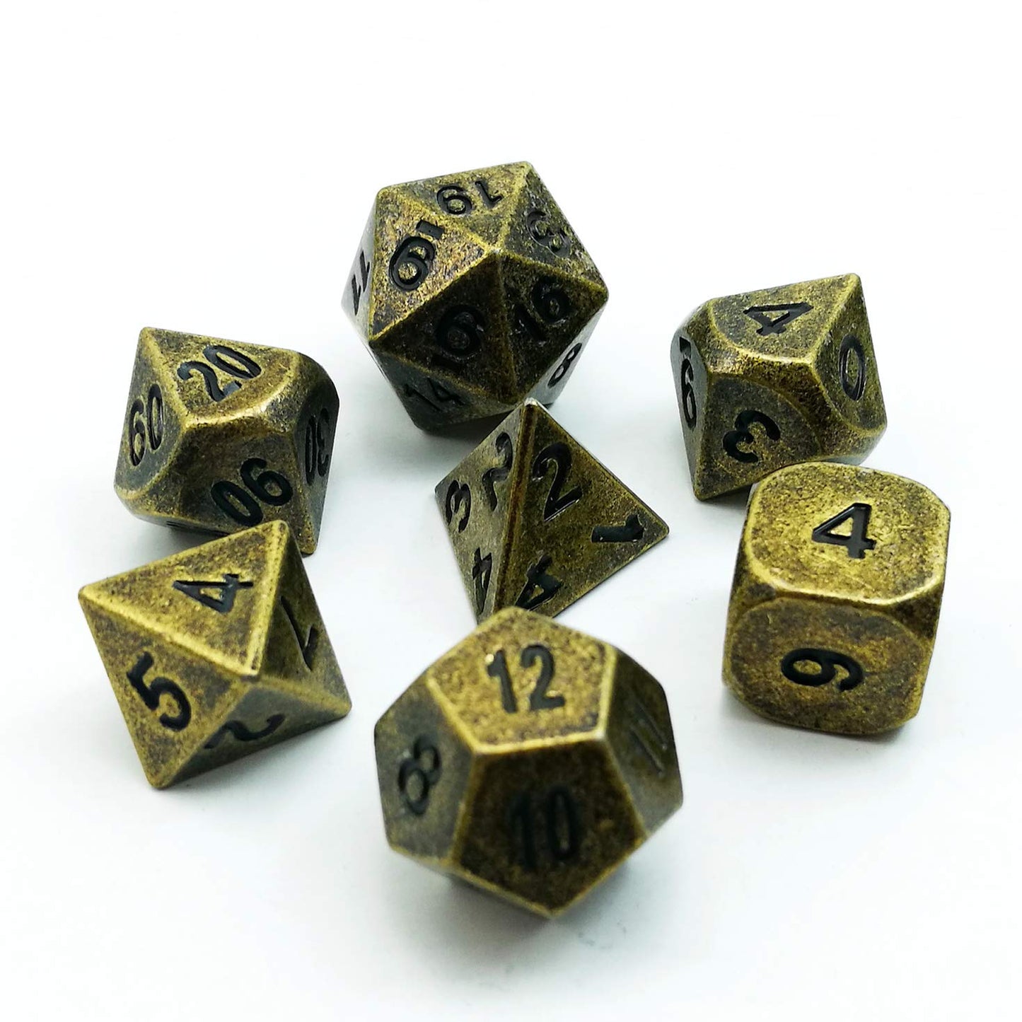 Bescon Ancient Brass Solid Metal Polyhedral D&D Dice Set of 7 Antique Copper Metal RPG Role Playing Game Dice 7pcs Set