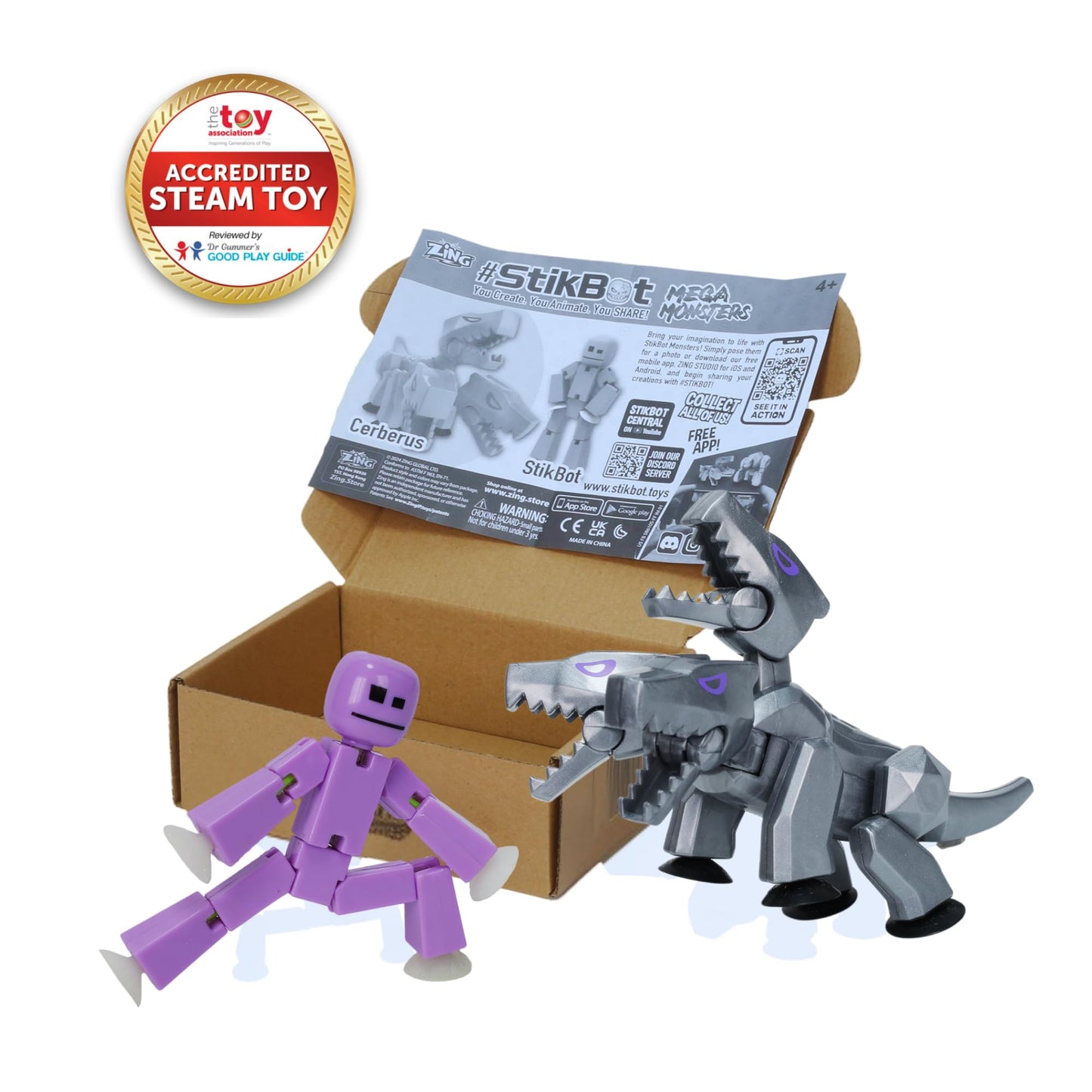 Zing StikBot Mega Monster Animation Pack - Lavender Purple & Silver Cerberus, 5.5" Plastic Toy for Kids Age 4+
