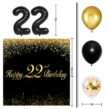 Happy 22Nd Birthday Balloons Black Set Decor - Cheers To 22 Years Old Party Theme Garland Banner Backdrop Decorations For Women