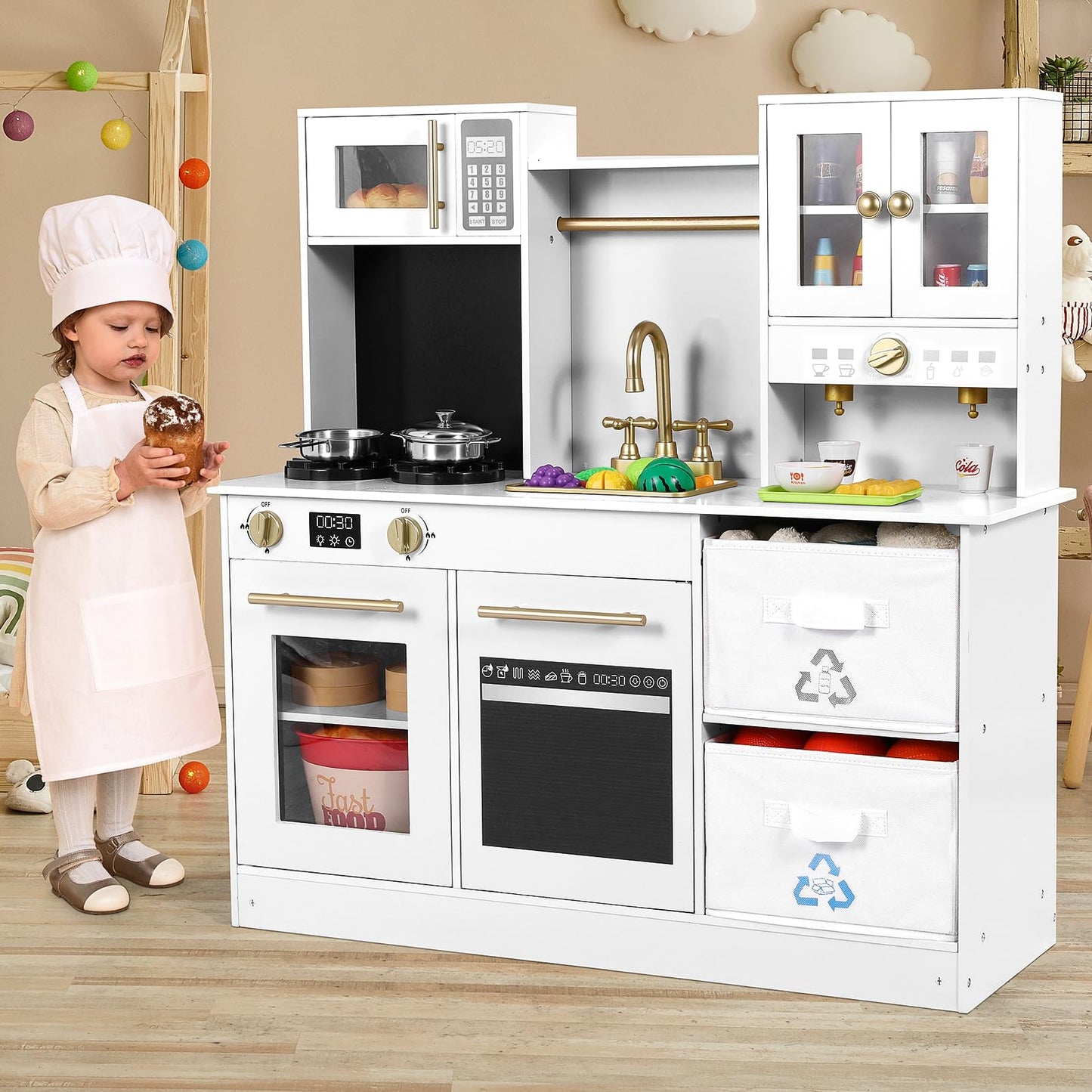 Arlopu Play Kitchen for Kids, Wooden Pretend Toy Kitchen, Large Toodler Cooking Playset w/Cookware, Stove w/Light & Sound, Fabri