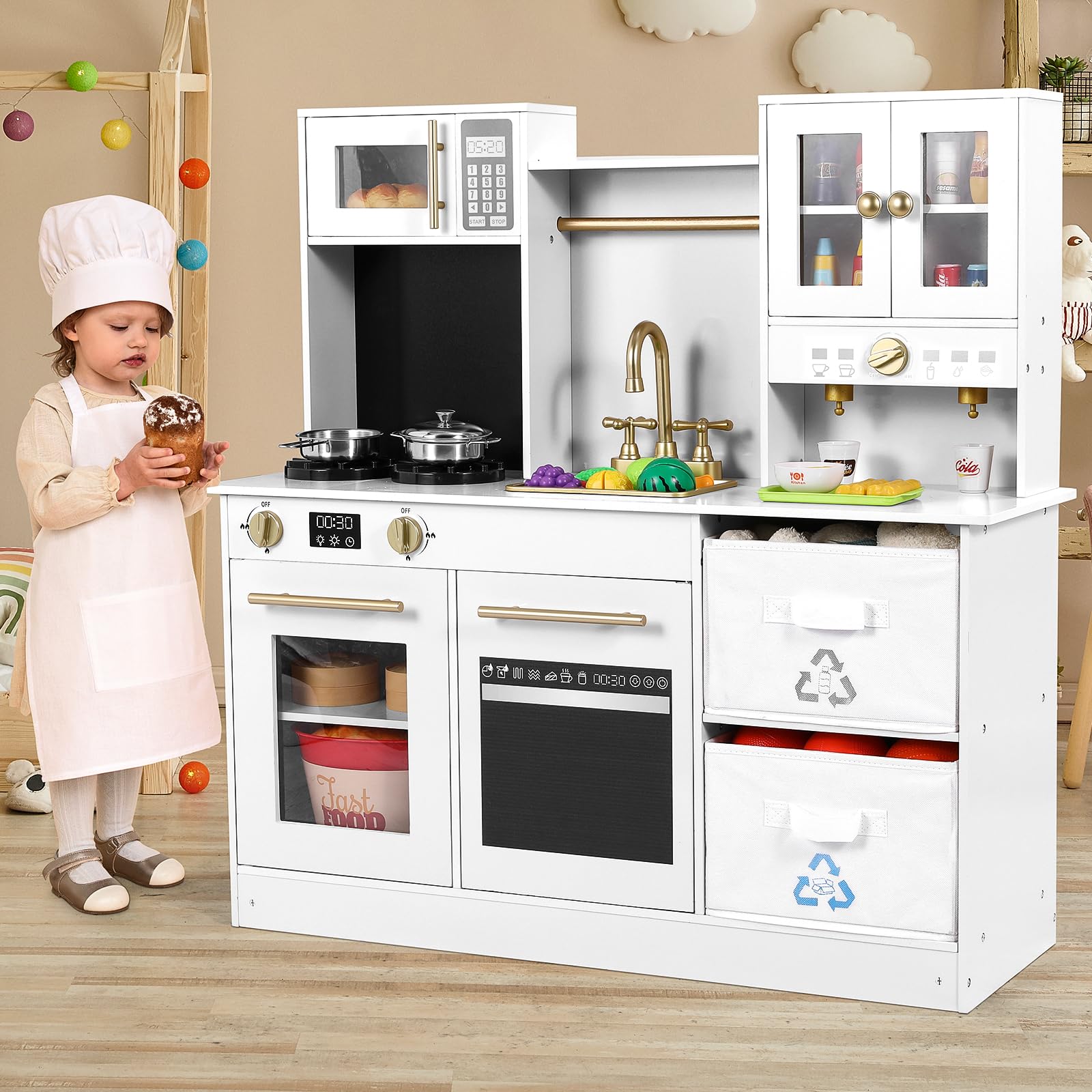 Arlopu Play Kitchen for Kids, Wooden Pretend Toy Kitchen, Large Toodler Cooking Playset w/Cookware, Stove w/Light & Sound, Fabri