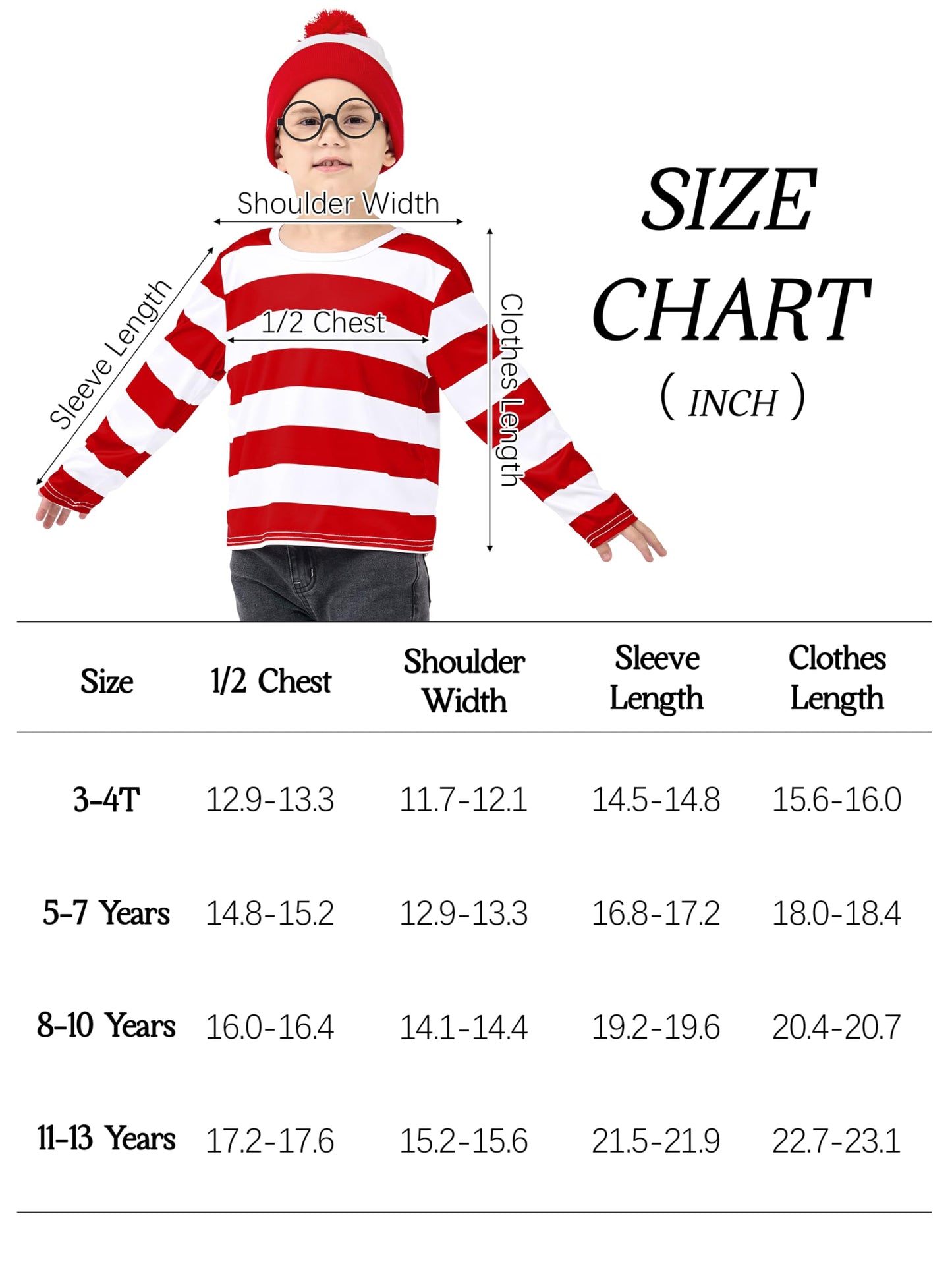 Fancyfun 3 Pieces Kids Halloween Costume Set, Boys Costume Red And White Striped Shirt Beanie Hat Glasses For Cosplay Party 3-4T