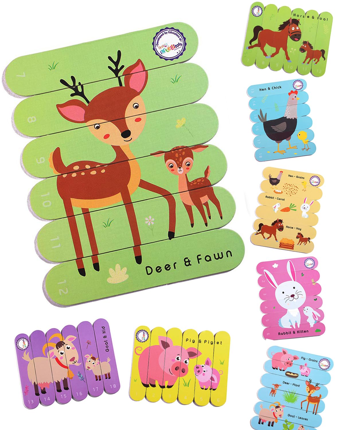 Intelliskills 24 Pieces Stick Puzzle Animals & Babies |Fun Way to Learn Number & Animal & Their Babies Names| Multicolour, 3+ Ye