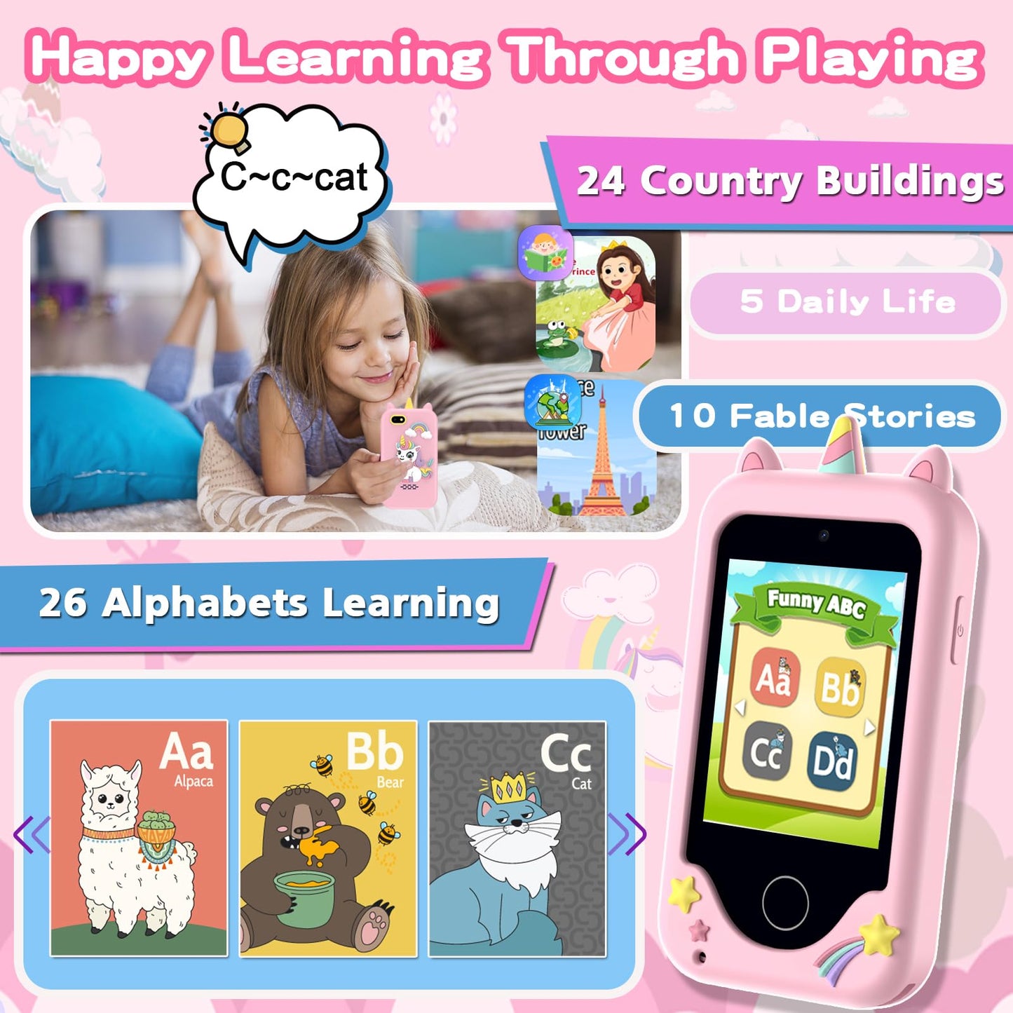 Kids Phone for Girls, Toys for 3-10 Year Old Boys Girls Christmas Birthday Gifts for Kids, Touchscreen Toddler Smartphone Learni