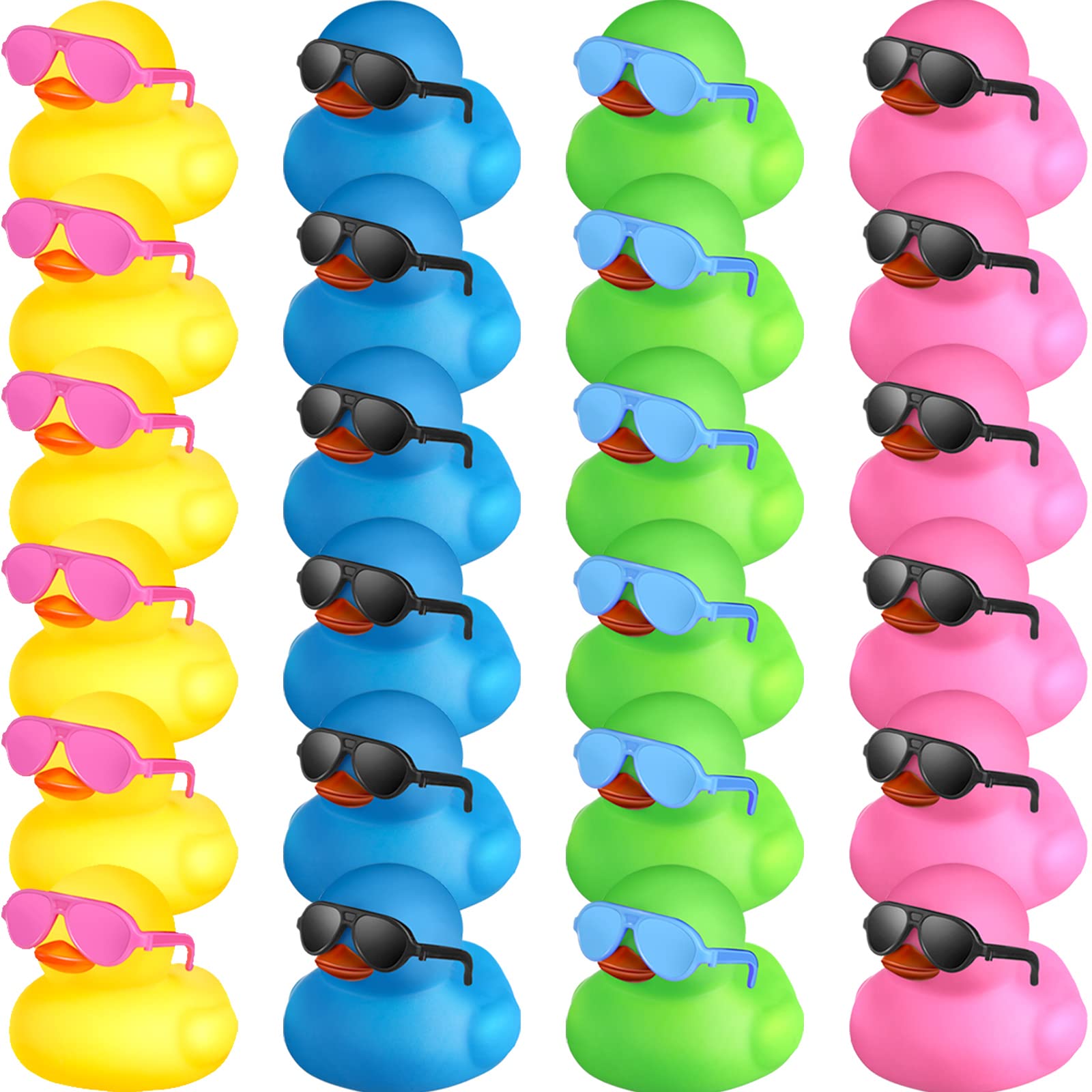 24 Pcs Mini Rubber Ducks With Sunglasses, Rubber Ducks In Bulk Valentine Duck Bathtub Toys For Cruise Valentines Kids Classroom Gift Exchange(Yellow, Blue, Pink, Black, Green, Eyeglasses)