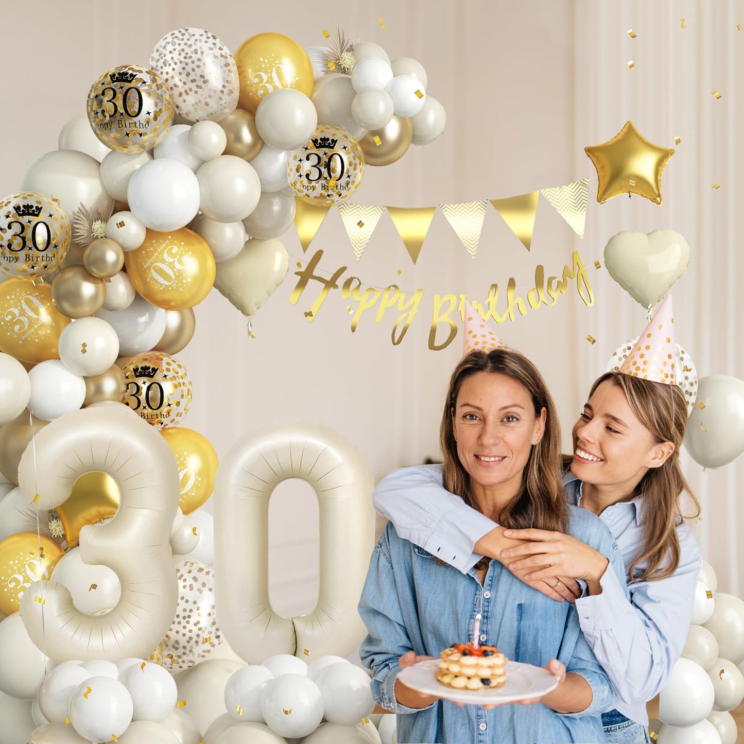 30Th Birthday Decorations Sand White Gold,30Th Birthday Balloon Arch Garland Kit With Happy 30Th Birthday Number 30 Foil Balloon
