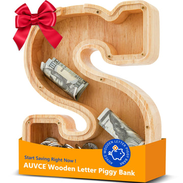 Wooden Letter Piggy Bank for Kids  Initial Coin Bank for Boys and Girls  First Name Personalized Savings Bank for Birthday Boys Girls Gift Piggy Bank for Kids (Wood  S9-S)