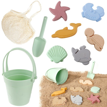 9Pcs Silicone Sand Toys for Baby with Portable Beach Bag - Kids Beach Set with Beach Toy Molds Shovel Bucket Set - Sand Toys Tod