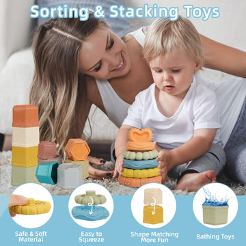 Byfwh 5 In 1 Montessori Baby Toys For 6-48 Months,Shape Sorters Stacking Cups,Rings Toy Links,Soft Stacking Rings,Blocks Set,Sof