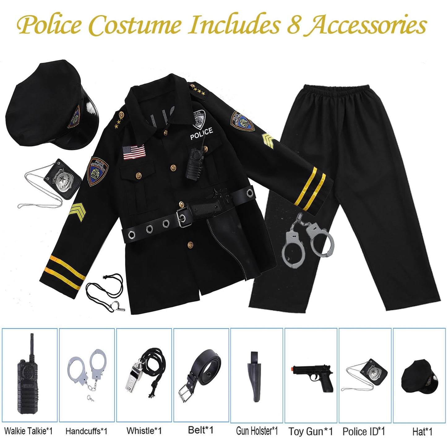 Twister.Ck Police Officer Costume For Kids, Police Costume For Boys, Police Cop Costume-Shirt,Pants,Hat, Belt,Halloween Cosplay Party (M)