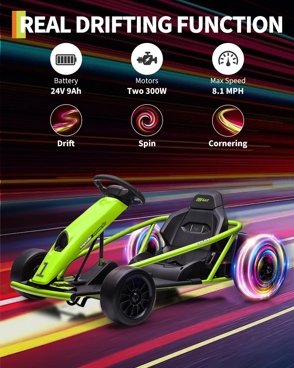 GarveeLife Kids Ride On Go Kart - 24V 9Ah, 8.1MPH, Green, Iron, Large Seat, Drifting Car for Ages 8+, Max Load