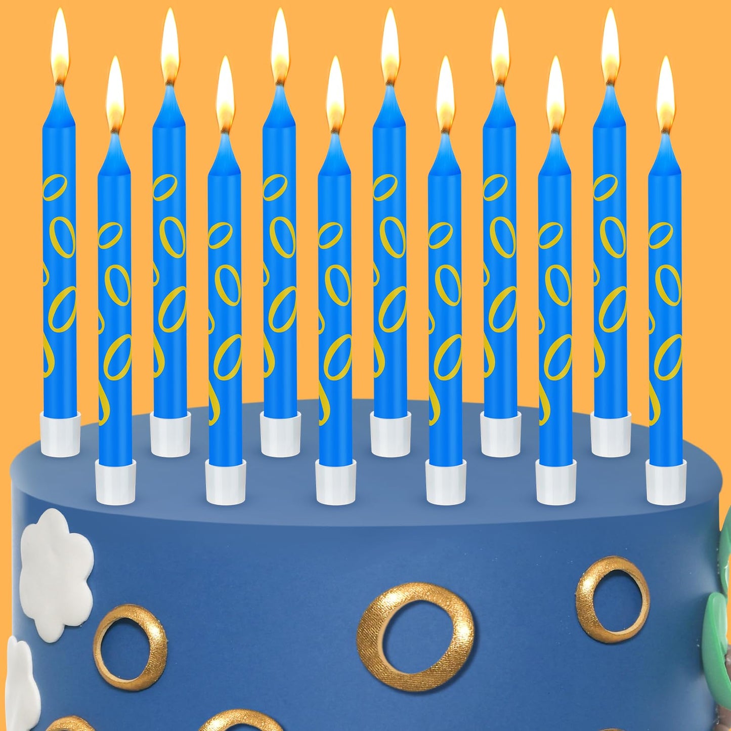Conelist 12 Pcs Blue with Gold Ring Print Themed Birthday Candles Blue Golden Cartoon Characters Candle Cake Topper for Boys Gir