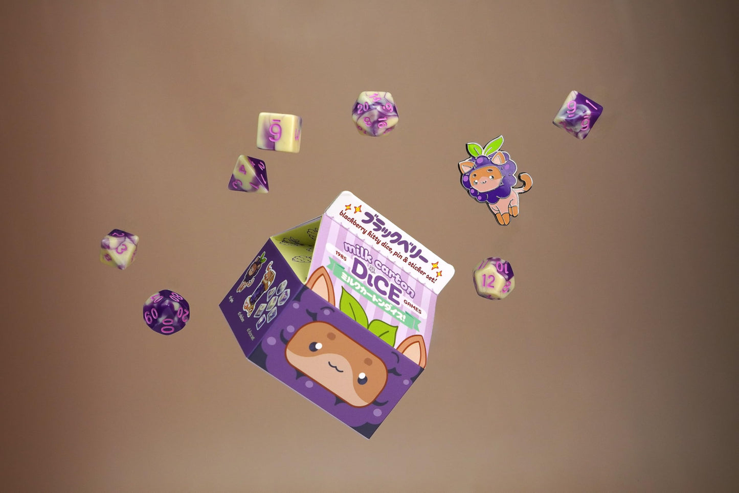 1985 Games Kawaii Cat Dice Set - Acrylic, 2.75 cm, Blackberry, Milk Carton-Inspired for DND & TTRPGs