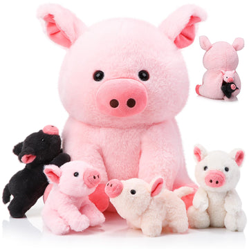 Silipull 5 Pcs Pig Stuffed Animals, 12 Inch Large Plush Mommy Pig With 4 Little Baby Pigs In Mother Pig'S Belly, Gift For Boys A
