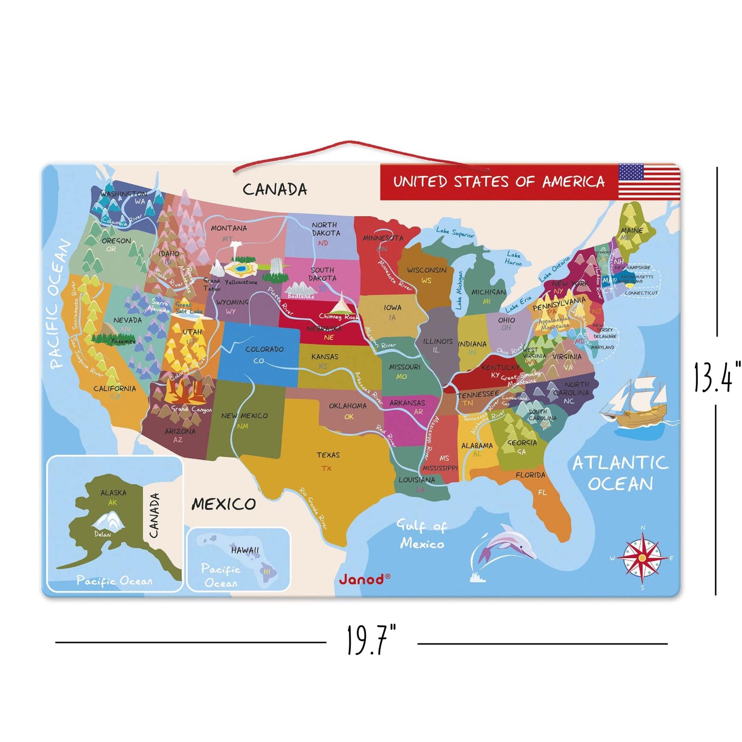Janod Magnetic USA Map Puzzle - Educational Geography Tool, 48 Pieces, 19.7" x 13.4", Multicolored, Model J05487