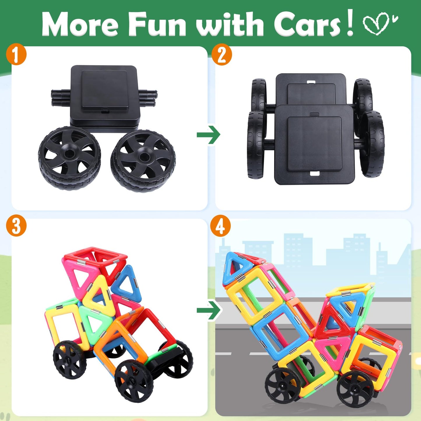 Coodoo Magnetic Tiles Building Set with 2 Cars - STEM Educational Toys for 3-8+ Year Old Boys & Girls - Multicolor Magnetic Toys