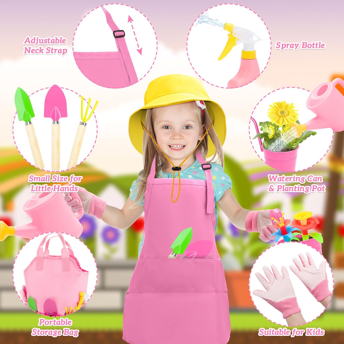 deAO Kids Gardening Set Arts and Crafts for Kids Paint Garden Tools DIY Flower Building Toys with Shovel, Trowel, Rake, Water Ca