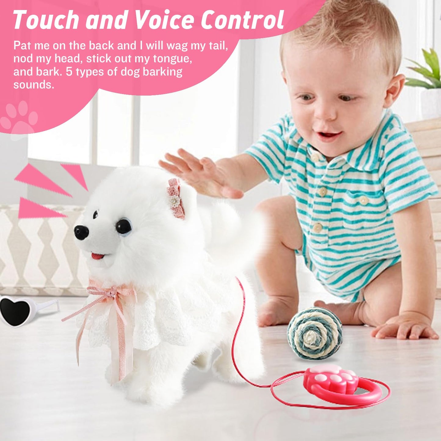 Walking Barking Singing Samoyed Puppy Toy, Repeats What You Say, Realistic Licking Tongue Wagging Tail Mechanical Dog With Touch Or Handle Control, Interactive Musical Plush Pet For Kids
