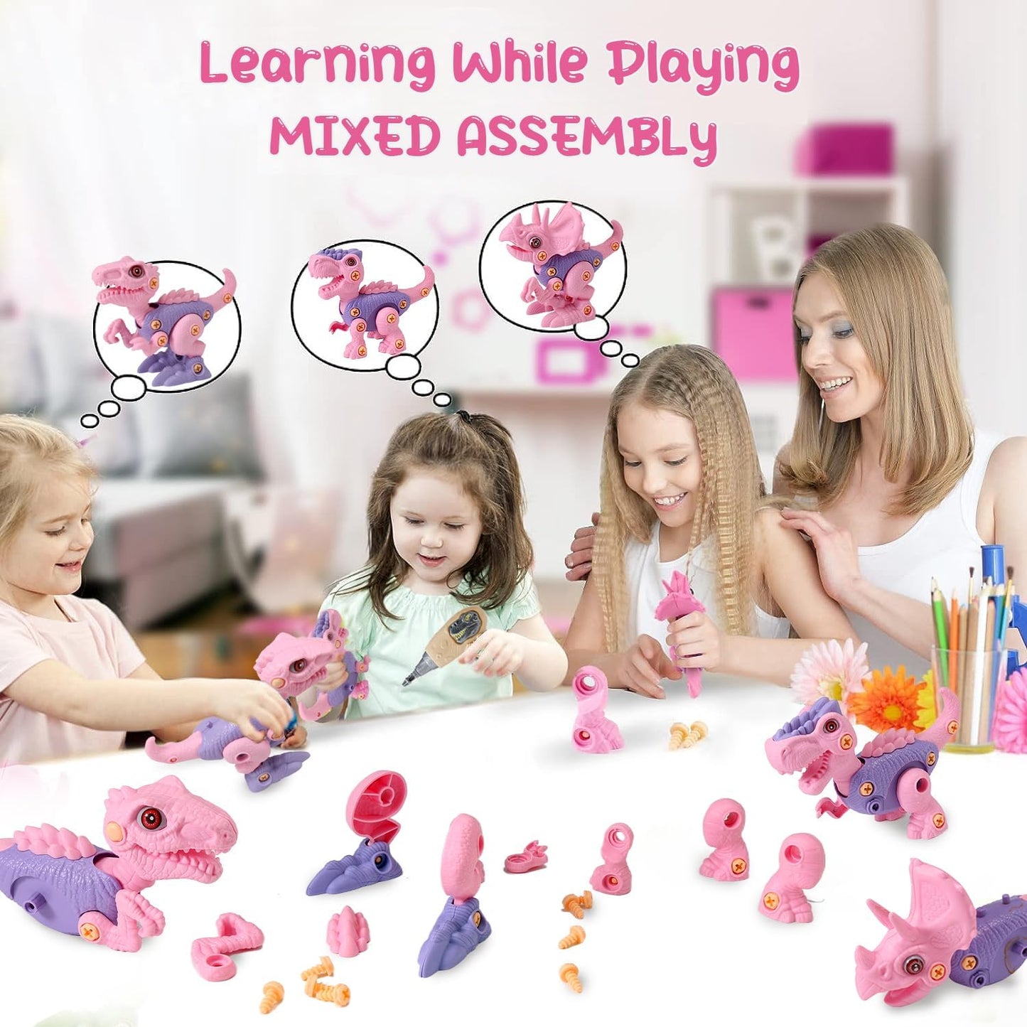 FREE TO FLY Take Apart Dinosaur Play Set - Pink Educational Toys for Girls 3-8, Plastic, Model RS009-4, Perfect for STEM Learning and Sensory Play