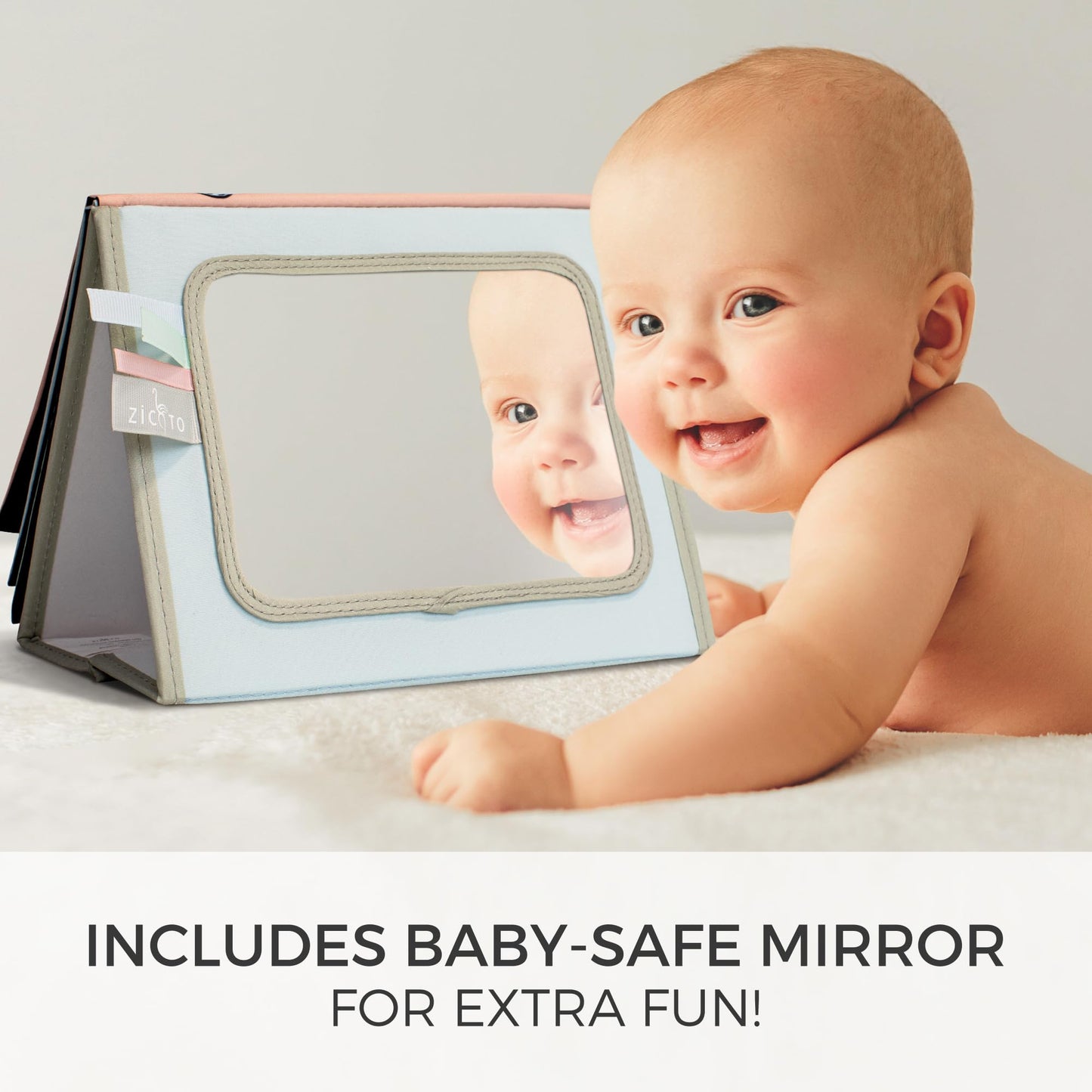 Soft Tummy Time Book W/ Large Stimulating Baby Safe Mirror - Fun High Contrast Montessori Toy W/ Mirror, Crinkle Filling & Silic