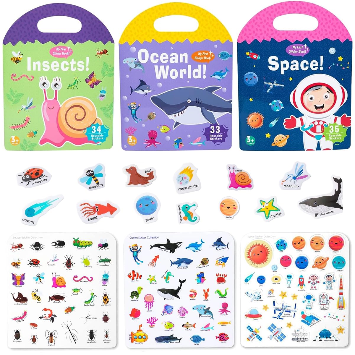 6 Sets Portable Jelly Quiet Busy Sticker Book, Vehicle & Animal & Ocean & Dinosaur & Insect & Space Reusable Sticker Books For Kids, Toddler Sticker Activity Book Preschool Learning Activities