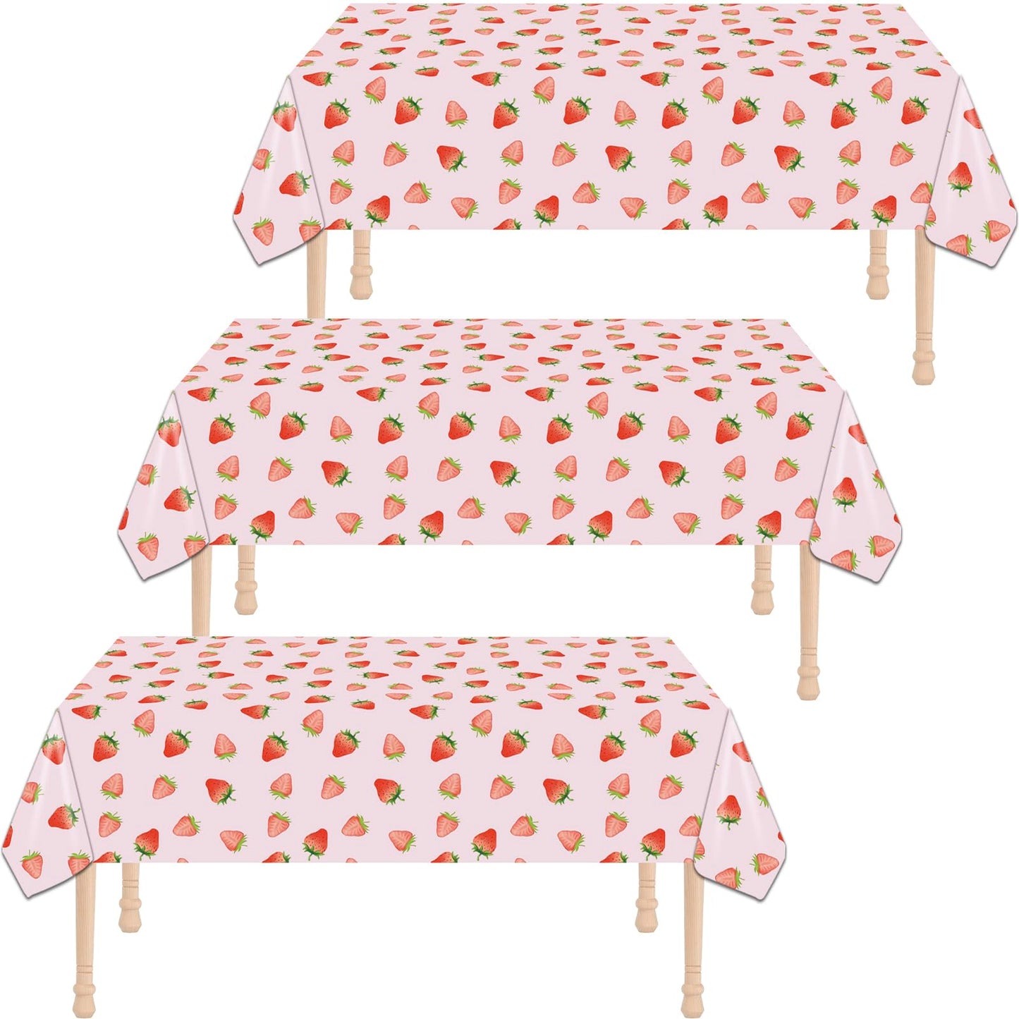 HTONTB 3PCS Strawberry Party Tablecloth,Strawberry Birthday Decorations 54X108INCH Disposable Plastic Rectangle Table Cover for 