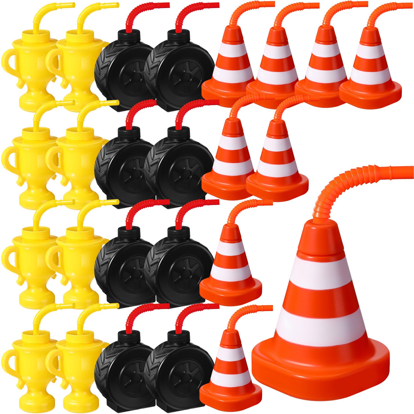 Mifoci Race Car Cups with Straws Plastic Traffic Cone Cups Tire Cups with Straws for Kids Yellow Trophy Cups Construction Party 