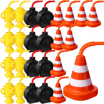 Mifoci Race Car Cups with Straws Plastic Traffic Cone Cups Tire Cups with Straws for Kids Yellow Trophy Cups Construction Party 