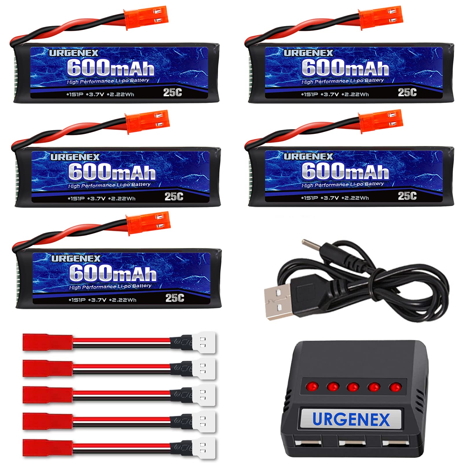 URGENEX 3.7v Lipo Battery 600mAh with JST Plug 1S Li-Po Battery with X5 Battery Charger for UDI U817 U817A V959 V222 V929 RC Dro