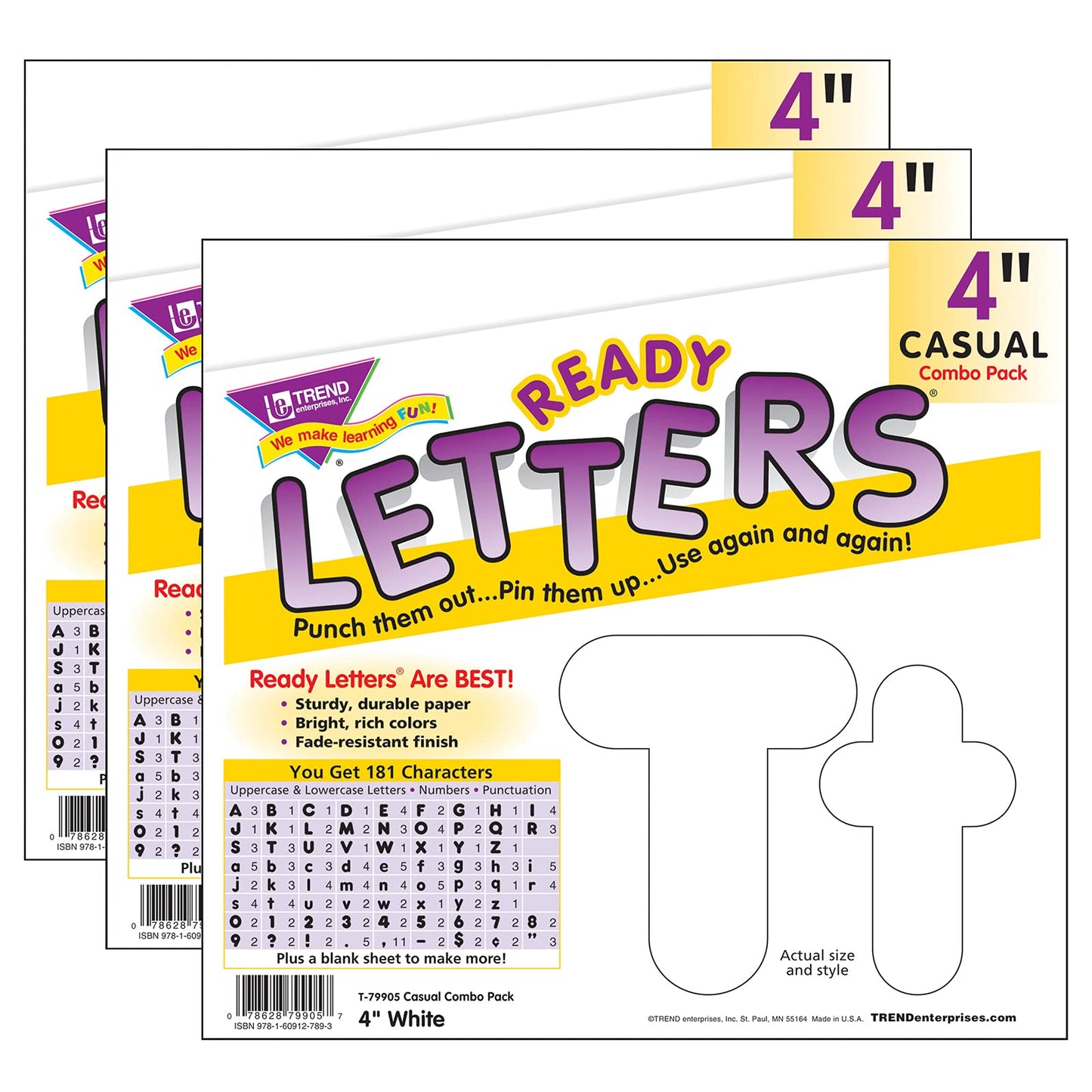 Trend White 4-Inch Casual Uppercase/Lowercase Combo Pack Ready Letters, 182 Per Pack, 3 Packs