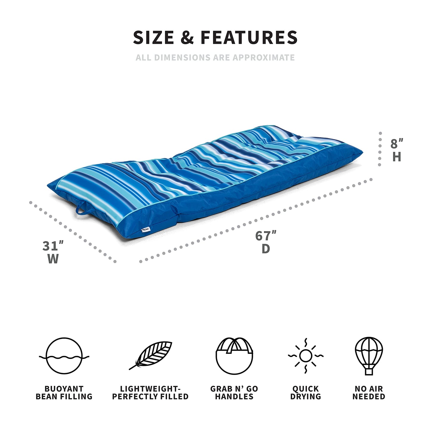 Big Joe Kona No Inflation Needed Pool Lounger With Headrest, Blurred Blue Double Sided Mesh, 5.5Ft Big
