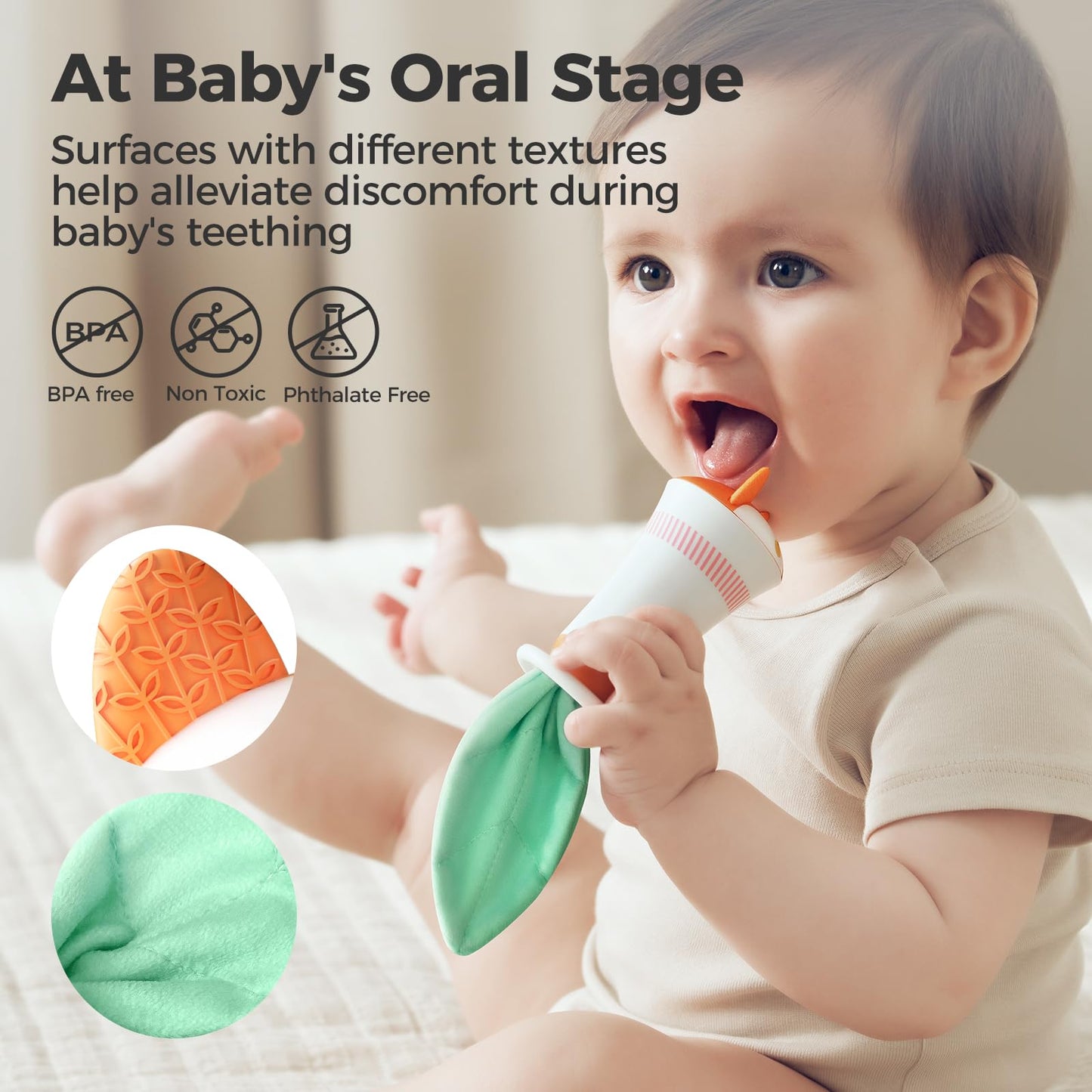 Evoceler Baby Rattles Shaker Toy - Fox with Tinkle Sounds & Green Fabric Tail, Silicone Soft Infant Tummy Time Toys with Texture