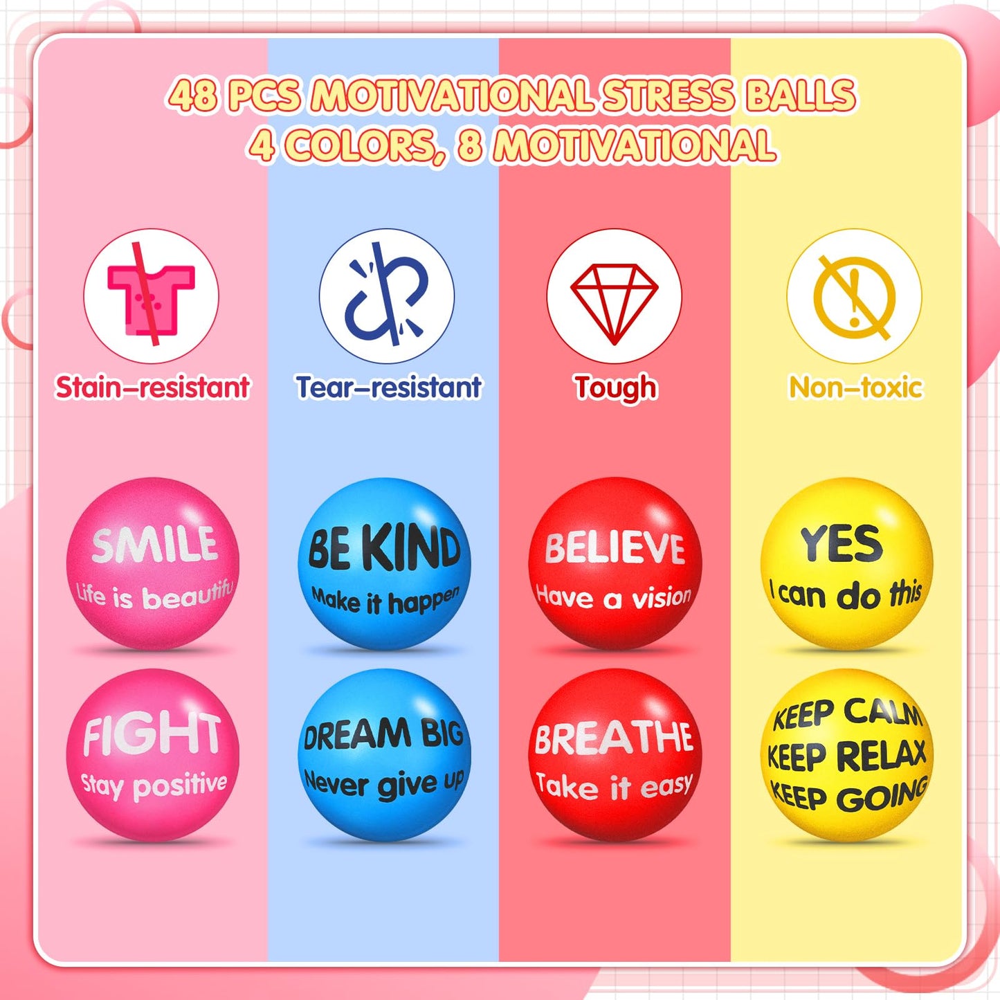 Liliful 48 Pieces Motivational Stress Balls Bulk for mature-themeds Kids Fidget Toys Inspirational Squeeze Balls Christmas Employee Appreciation Gift mature-themed Goodie Bag Stuffer 2.2 Inch(Bright Colors)