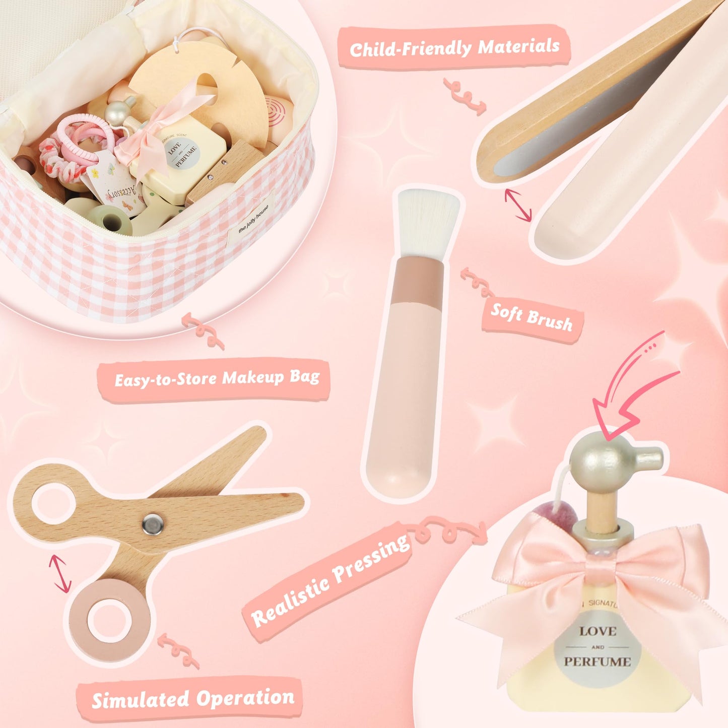 Pithfor Wooden Makeup Toy Set, Pretend Play Makeup Set for Kids Toddlers, Play Beauty Makeup Kit for Girls 3 4 5 6 7 Year Old